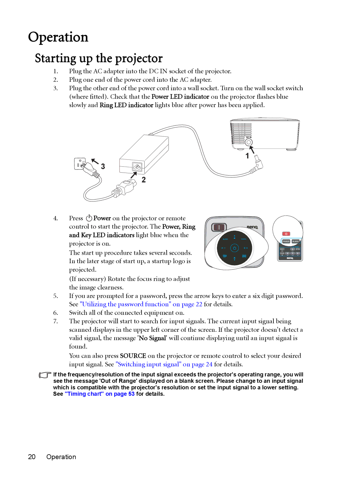 BenQ model gp1 user manual Operation, Starting up the projector 