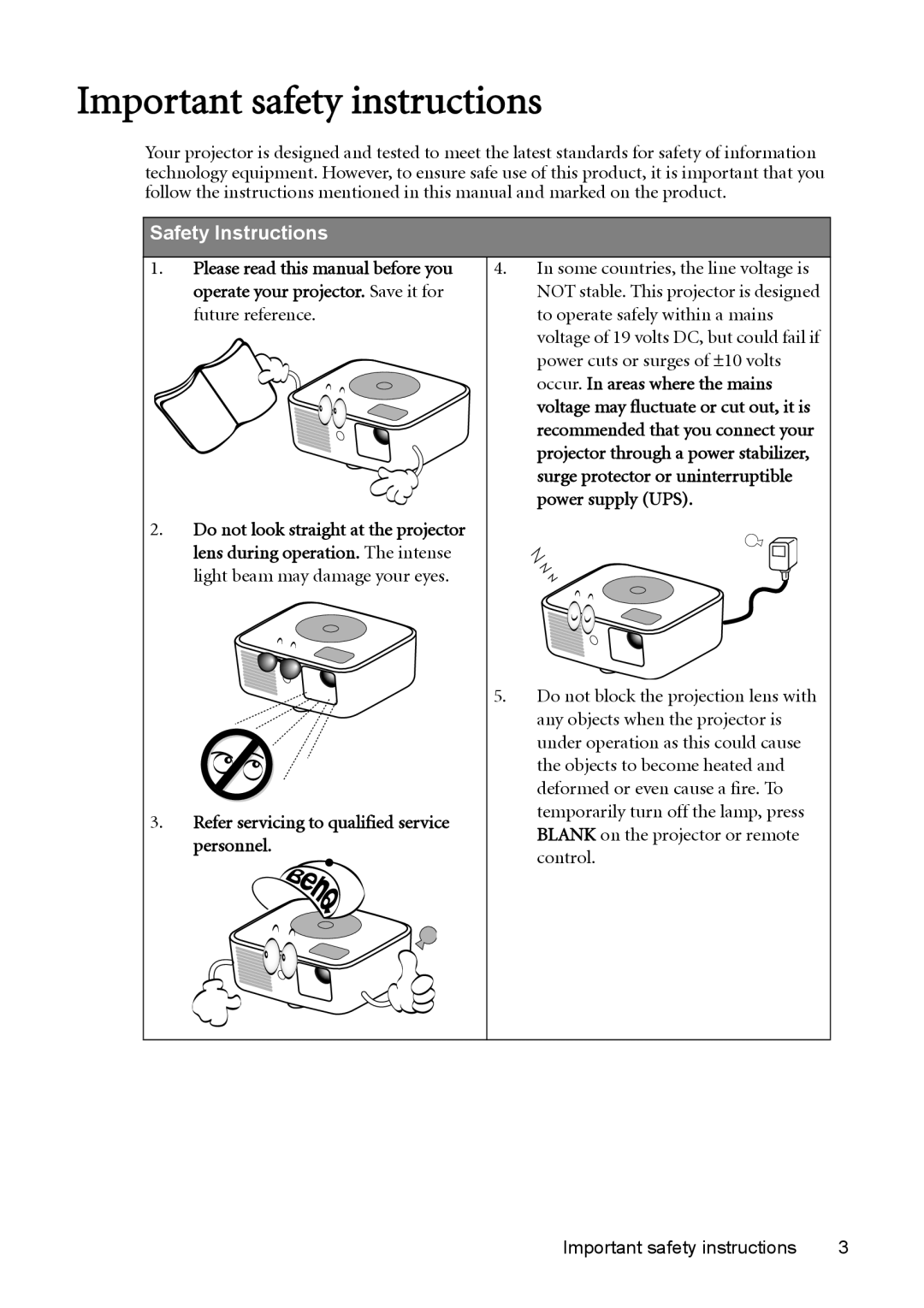 BenQ model gp1 Important safety instructions, Operate your projector. Save it for, Do not look straight at the projector 