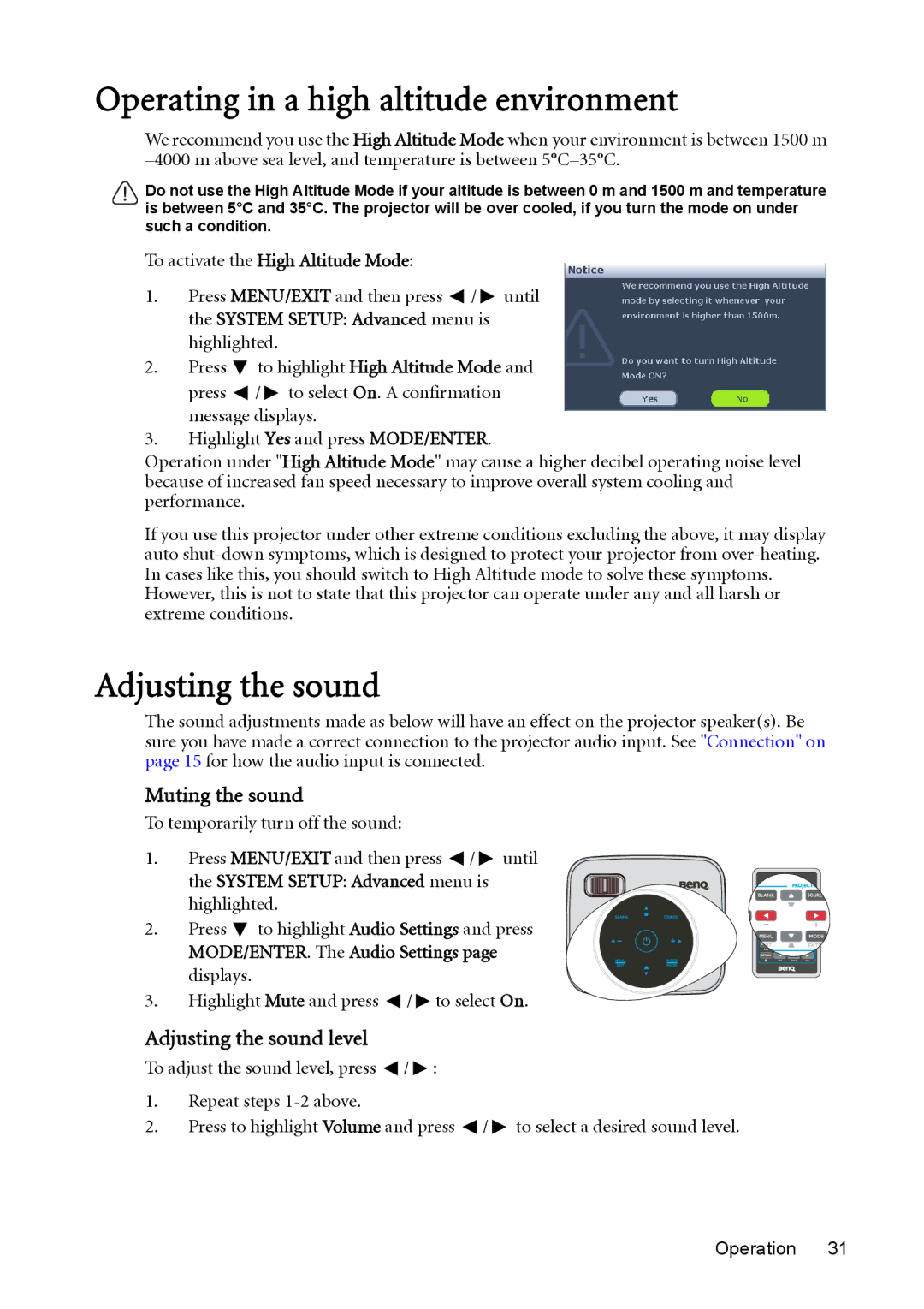 BenQ model gp1 user manual Operating in a high altitude environment, Muting the sound, Adjusting the sound level 