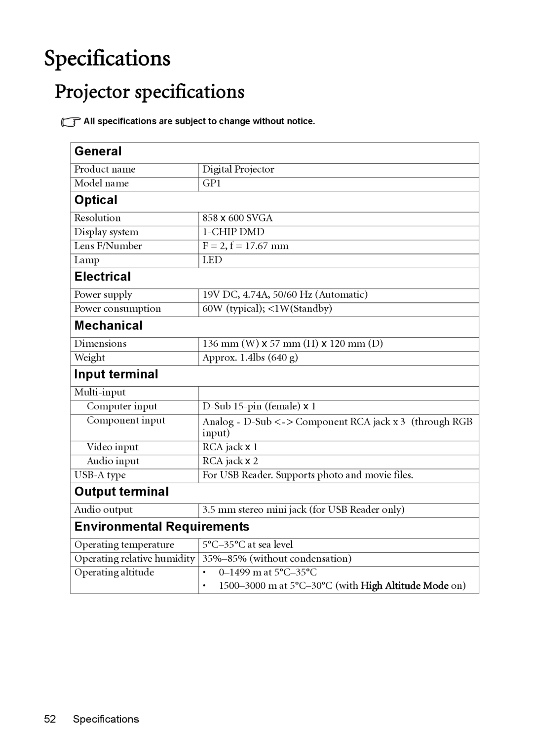 BenQ model gp1 user manual Specifications, Projector specifications 