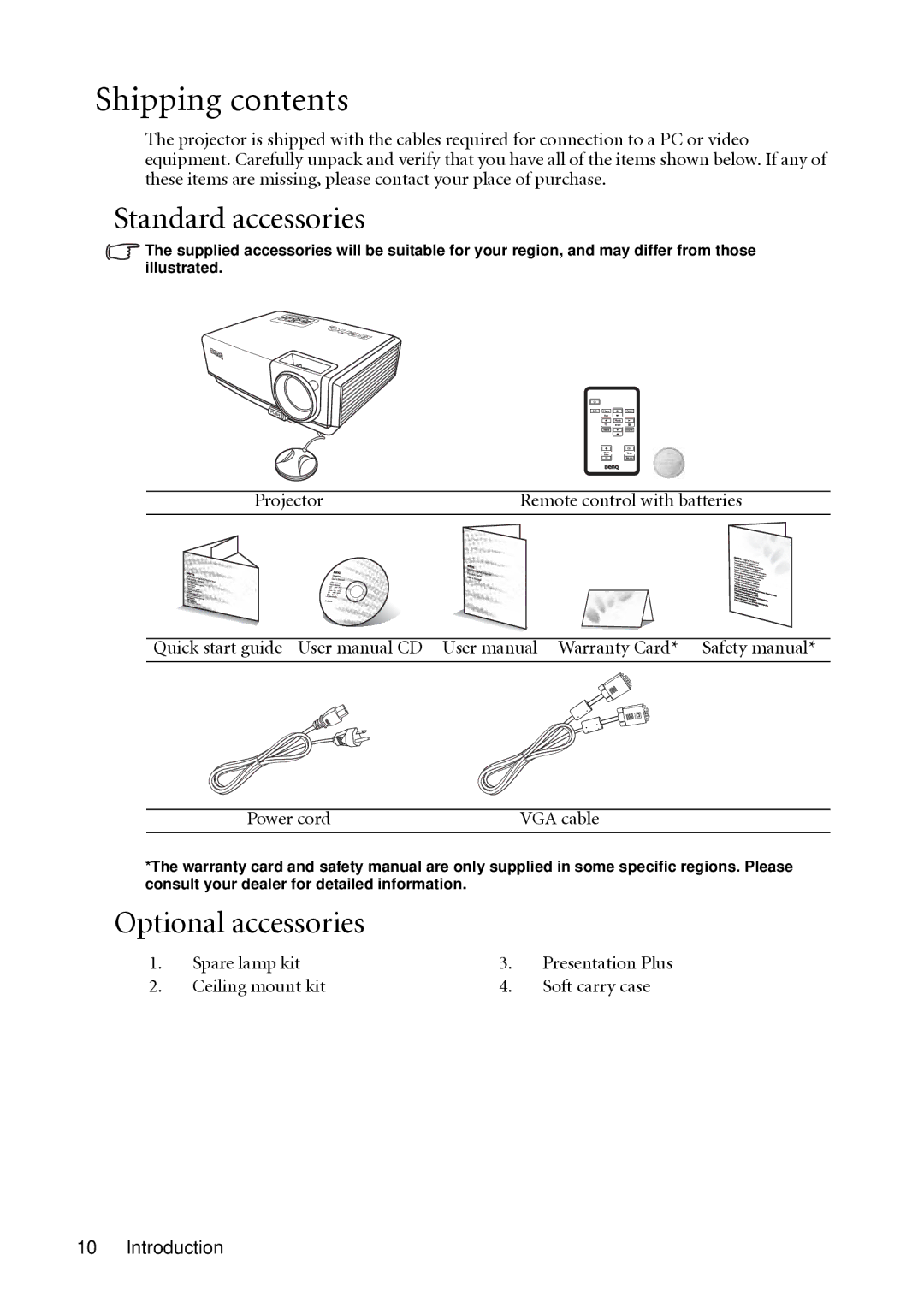 BenQ MP511 user manual Shipping contents 