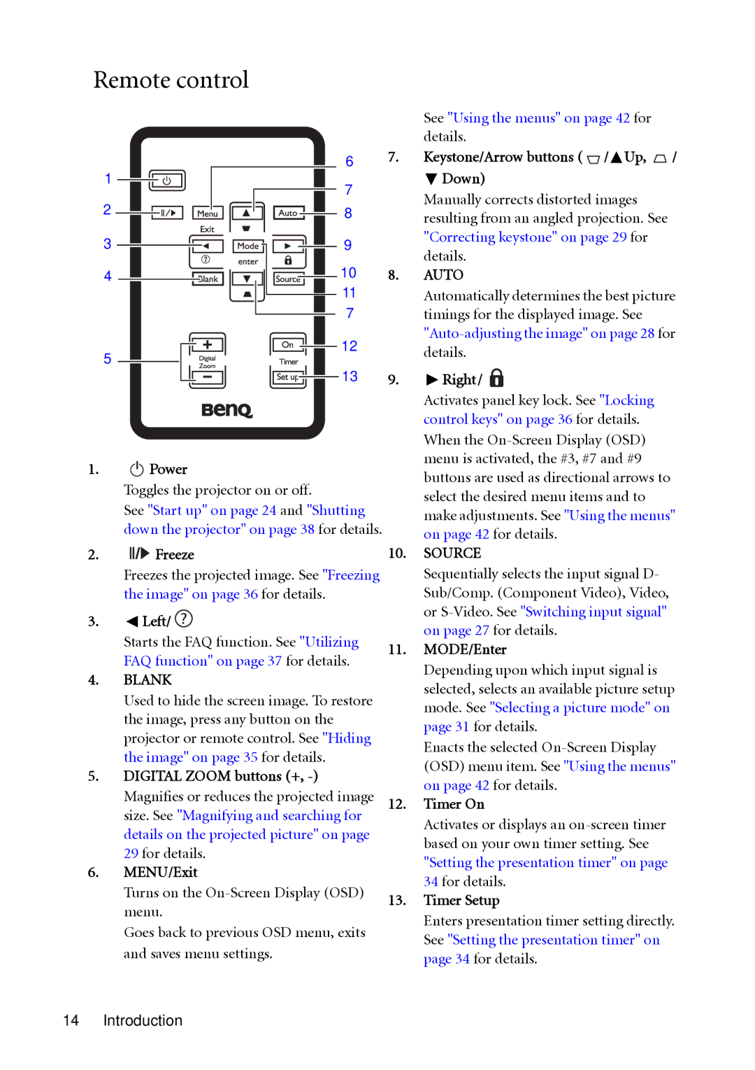 BenQ MP511 user manual Remote control, Right, Digital Zoom buttons +, Timer On, Timer Setup 