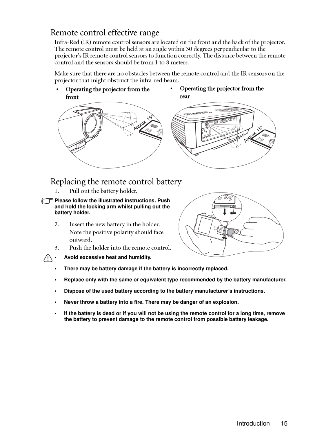 BenQ MP511 user manual Remote control effective range, Replacing the remote control battery, Pull out the battery holder 