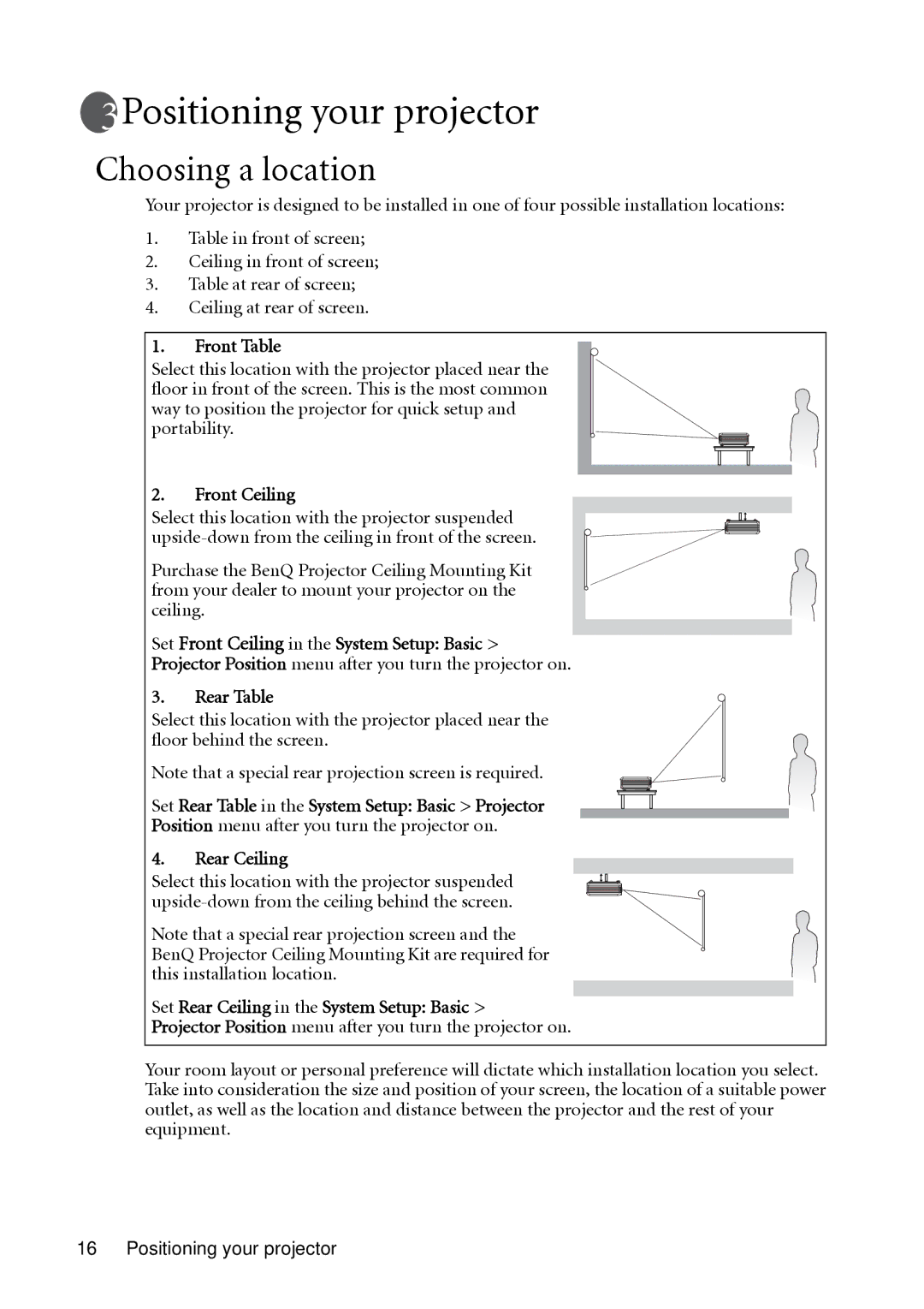 BenQ MP511 user manual Positioning your projector, Choosing a location 