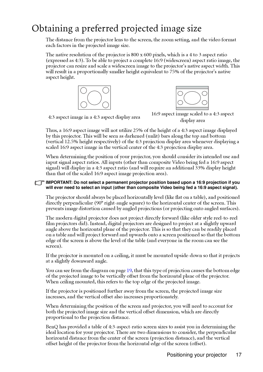 BenQ MP511 user manual Obtaining a preferred projected image size 