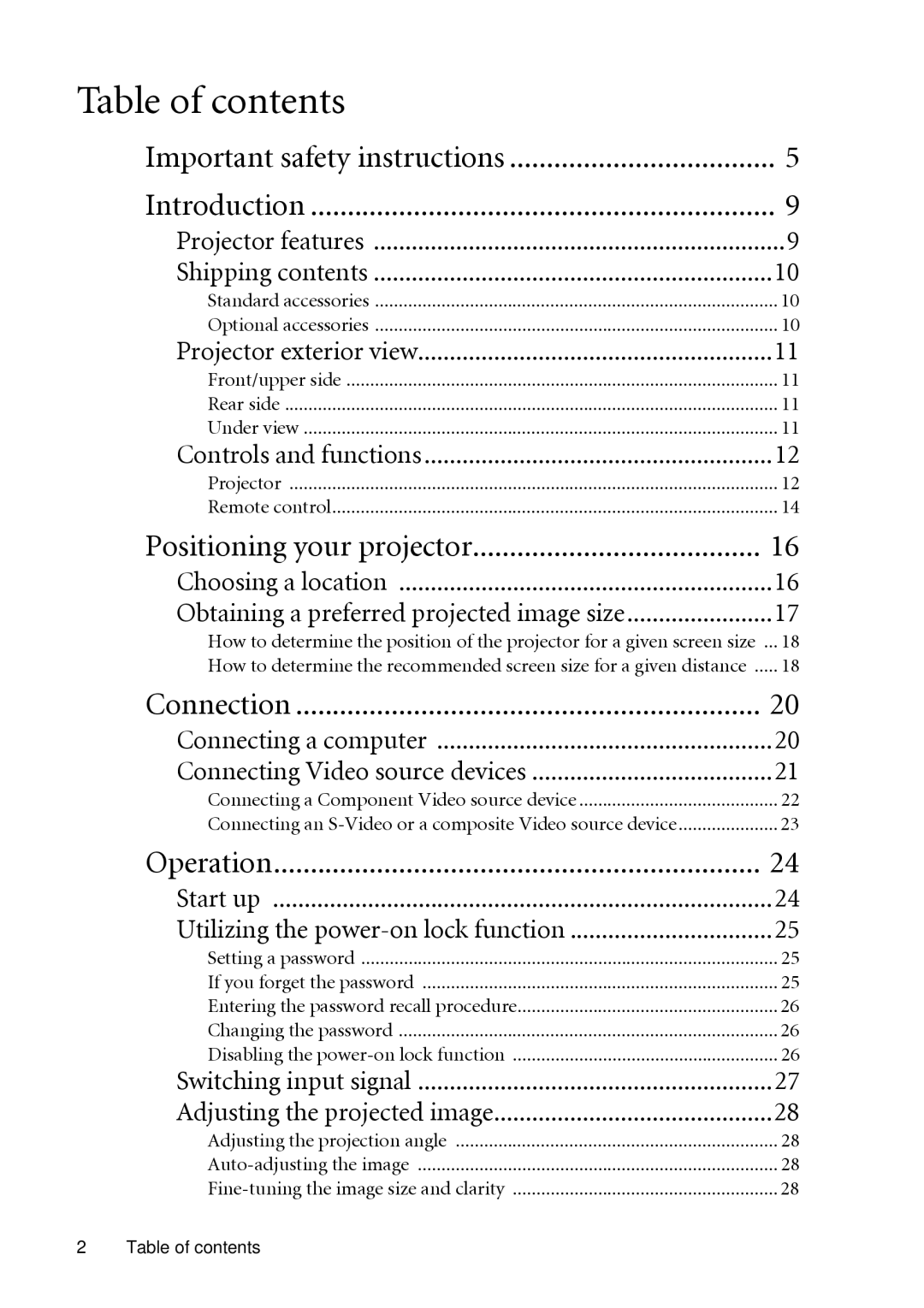 BenQ MP511 user manual Table of contents 