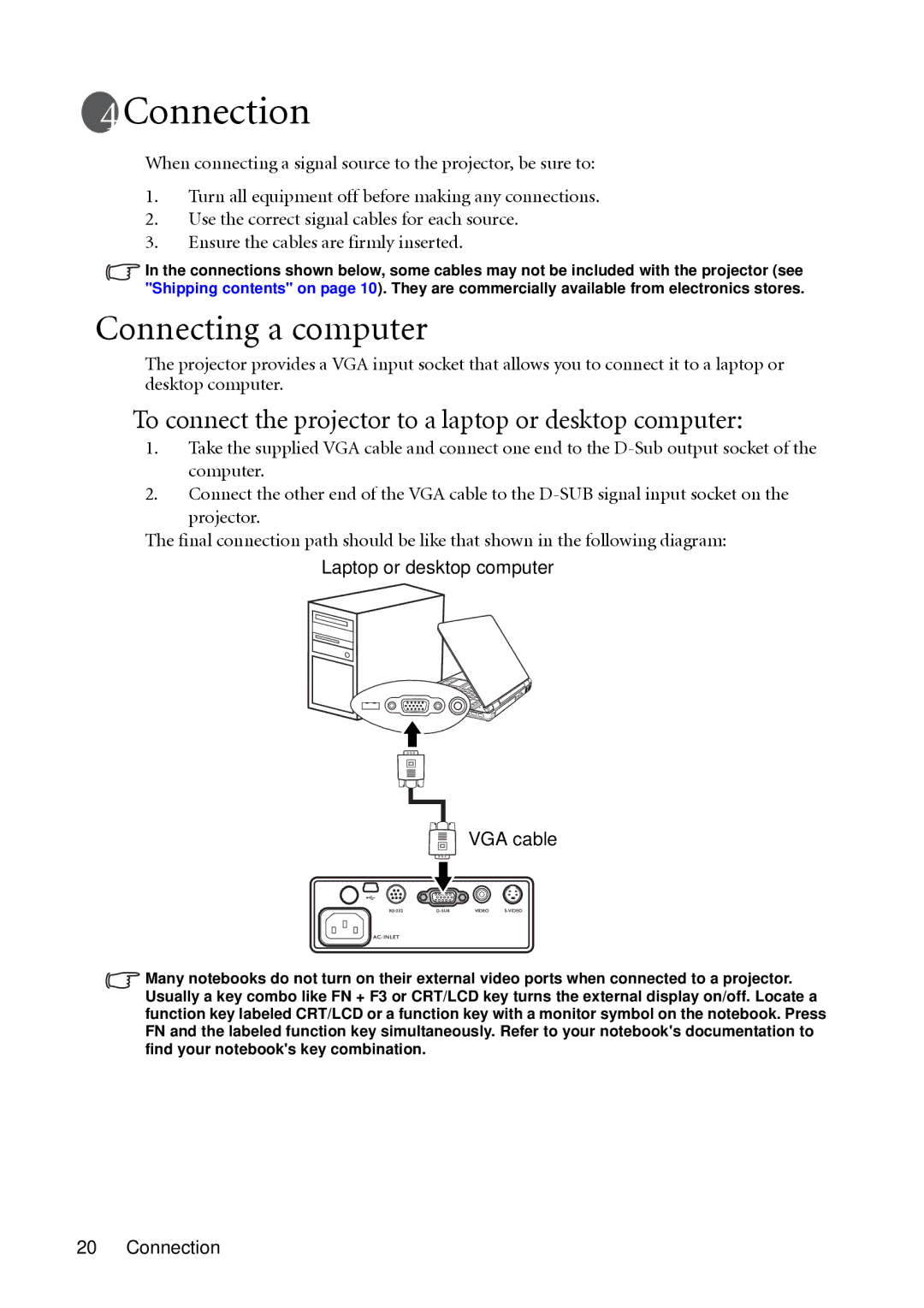 BenQ MP511 user manual Connection, Connecting a computer, To connect the projector to a laptop or desktop computer 