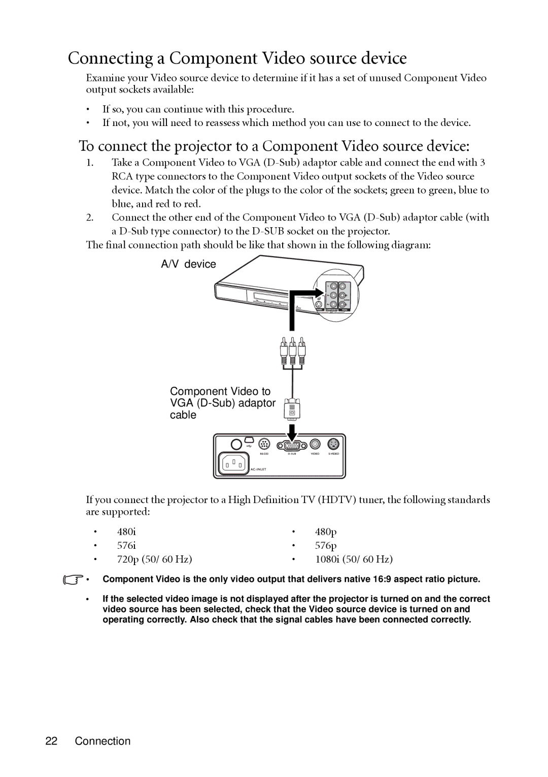 BenQ MP511 Connecting a Component Video source device, To connect the projector to a Component Video source device 