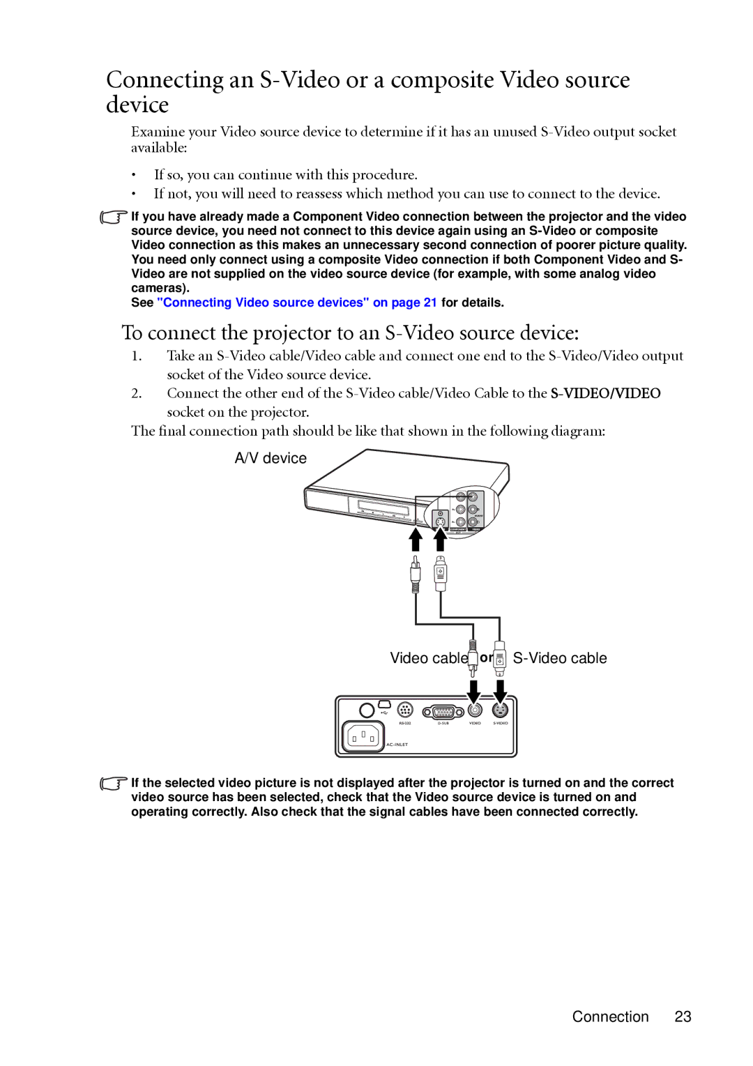 BenQ MP511 Connecting an S-Video or a composite Video source device, To connect the projector to an S-Video source device 