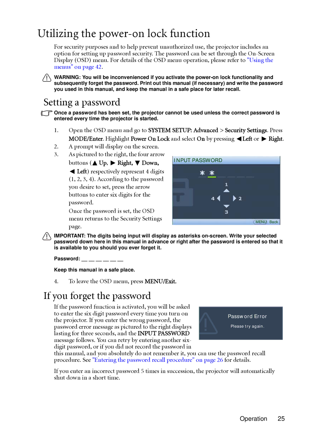 BenQ MP511 Utilizing the power-on lock function, Setting a password, If you forget the password, Buttons Up , Right, Down 