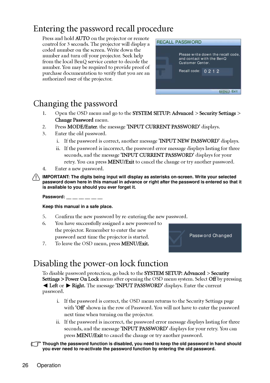 BenQ MP511 user manual Entering the password recall procedure, Changing the password, Disabling the power-on lock function 