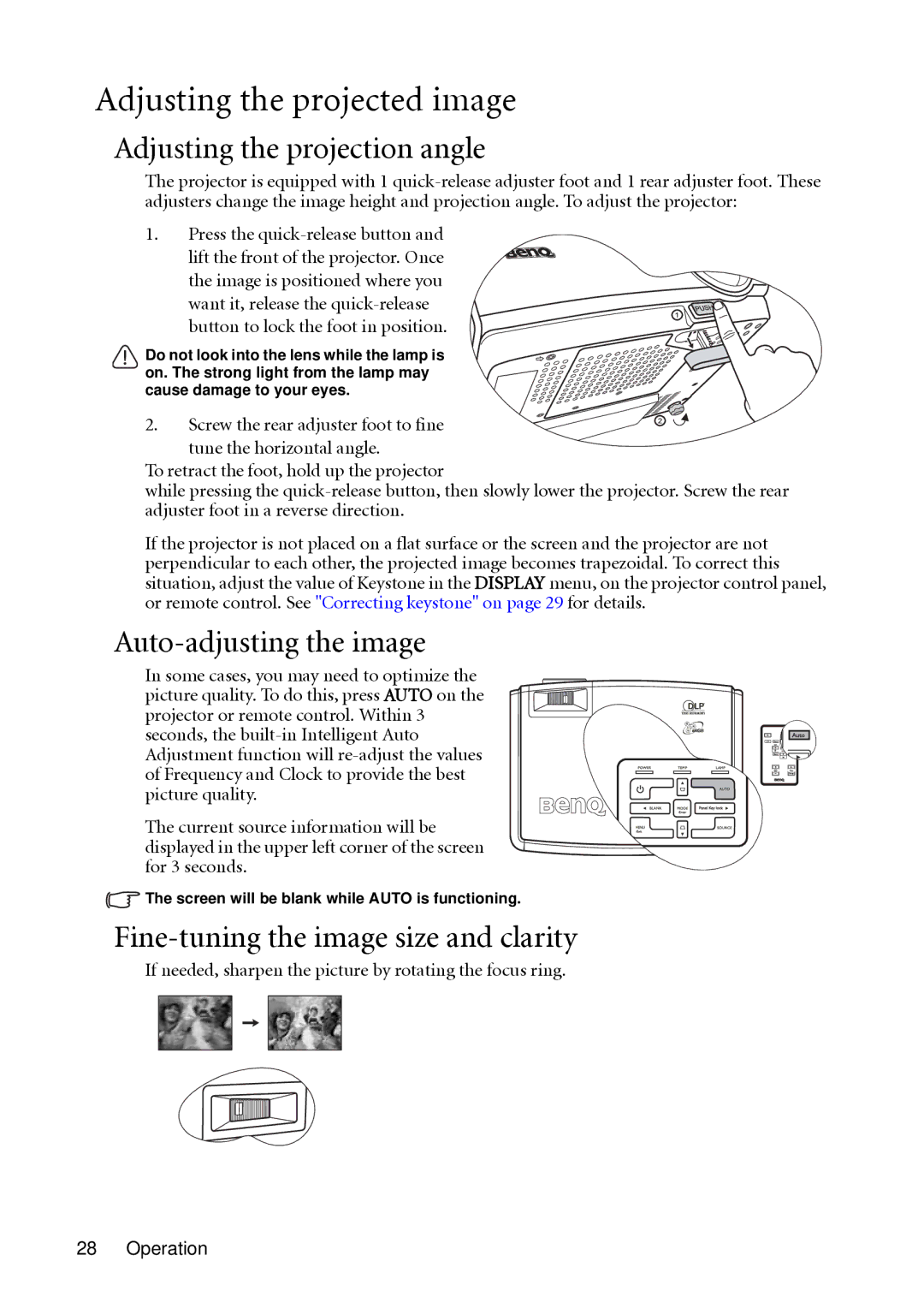 BenQ MP511 user manual Adjusting the projected image, Adjusting the projection angle, Auto-adjusting the image 