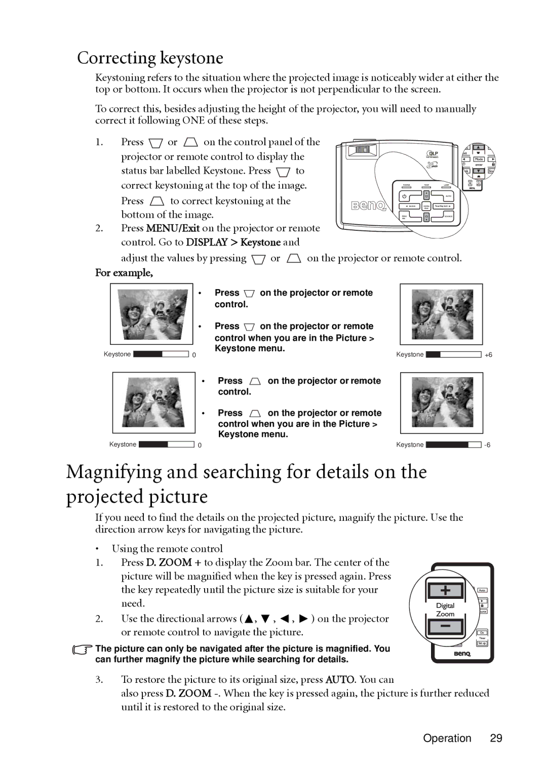 BenQ MP511 user manual Correcting keystone, Press to correct keystoning at the bottom of the image, For example 