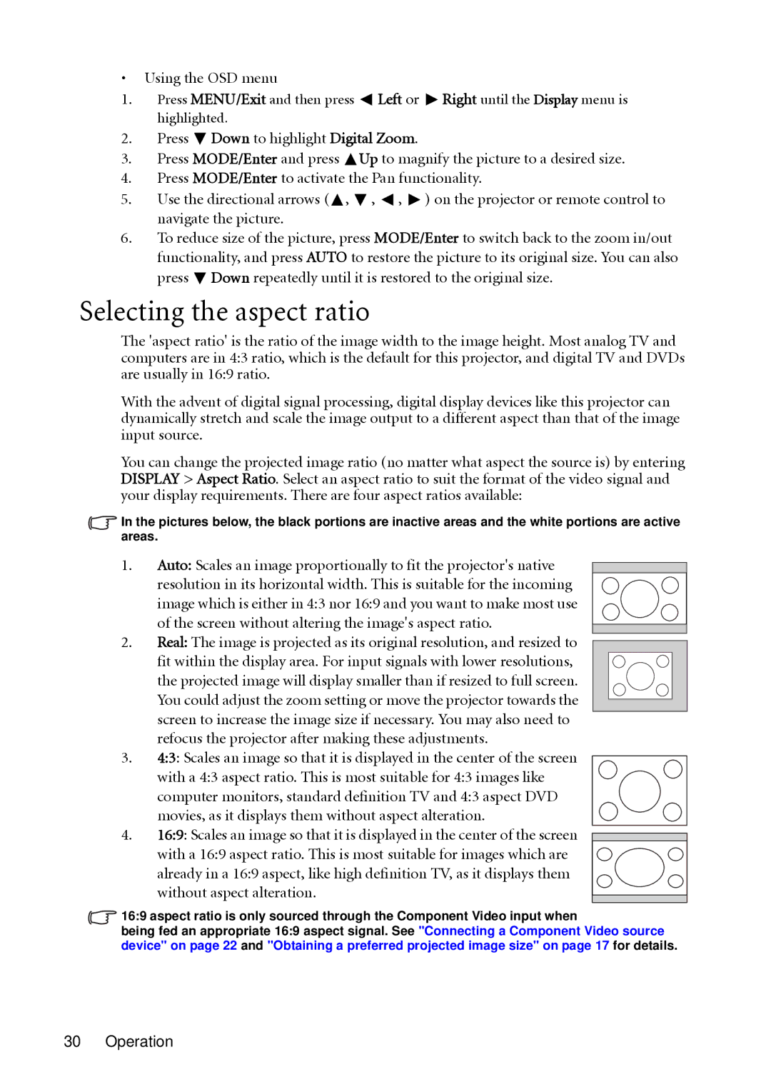 BenQ MP511 user manual Selecting the aspect ratio 