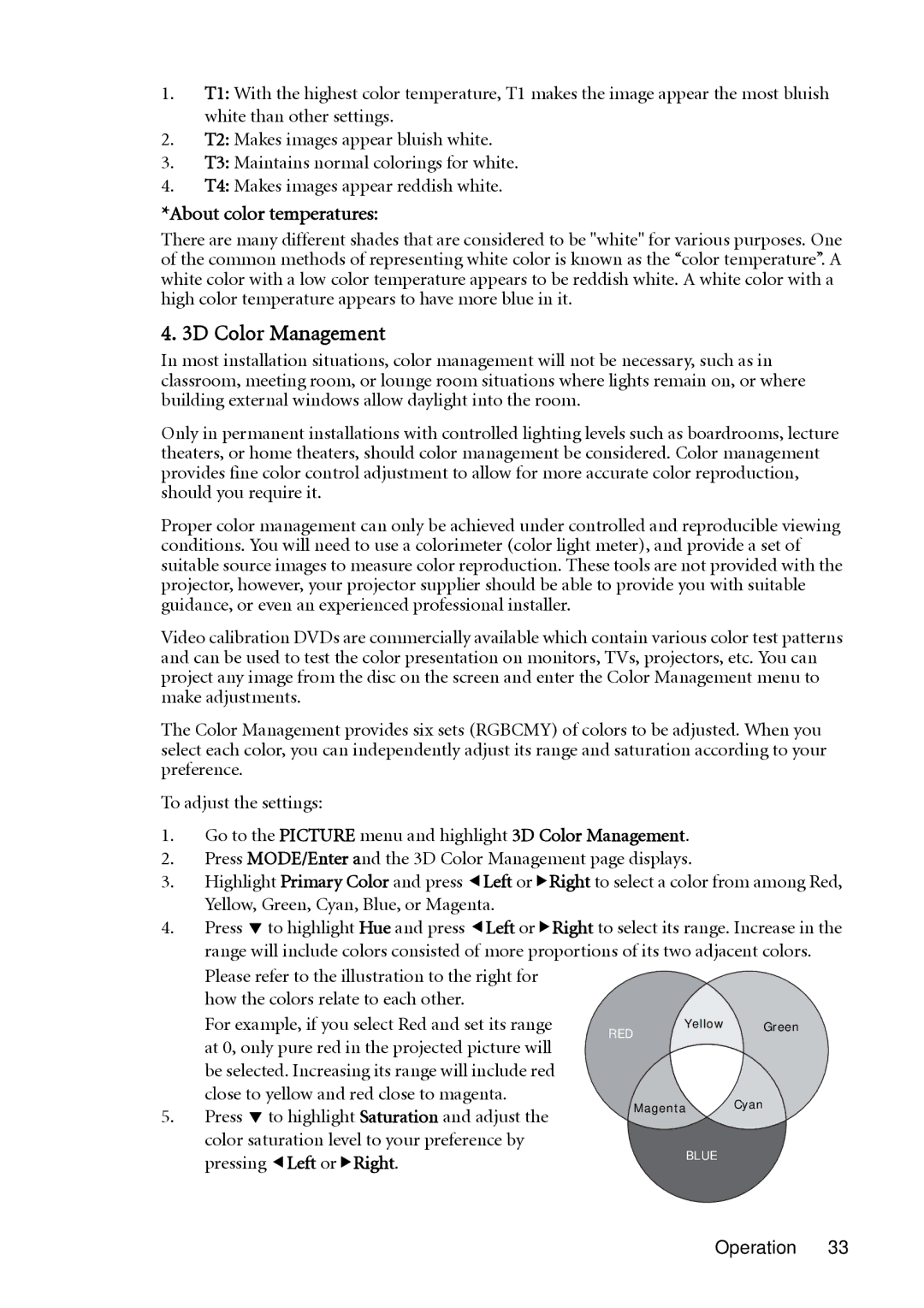 BenQ MP511 user manual 3D Color Management, About color temperatures 