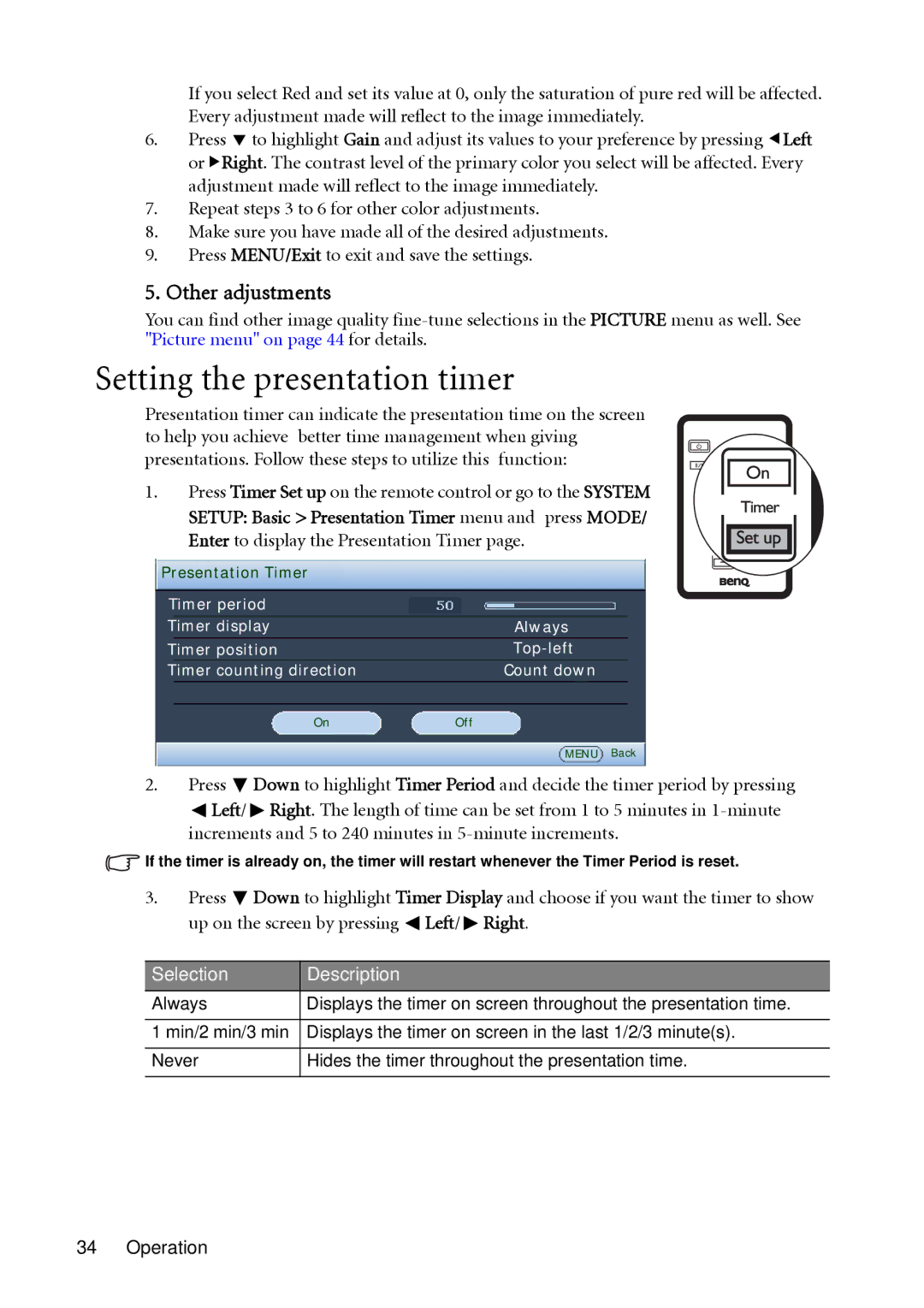 BenQ MP511 user manual Setting the presentation timer, Other adjustments 