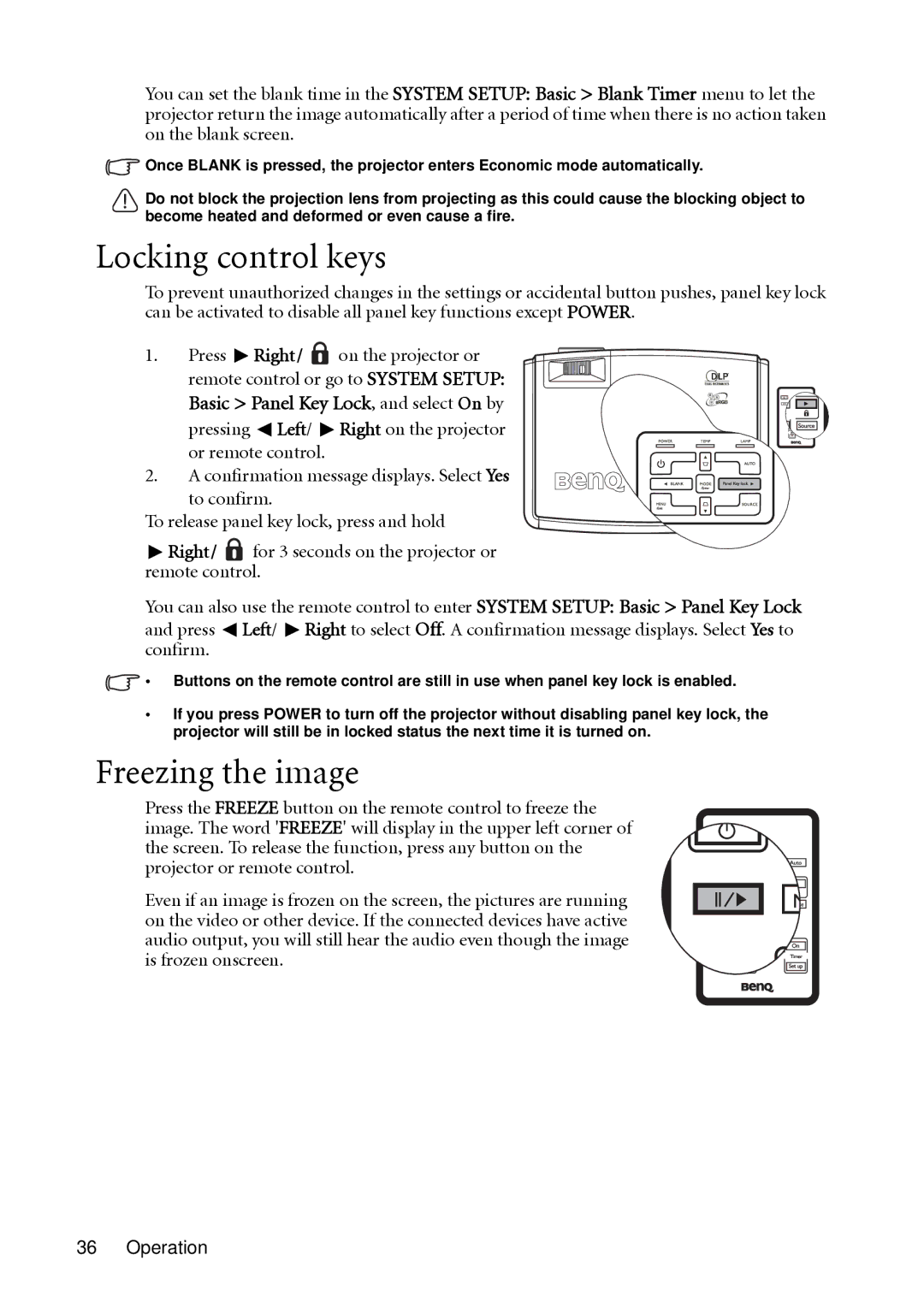 BenQ MP511 user manual Locking control keys, Freezing the image 