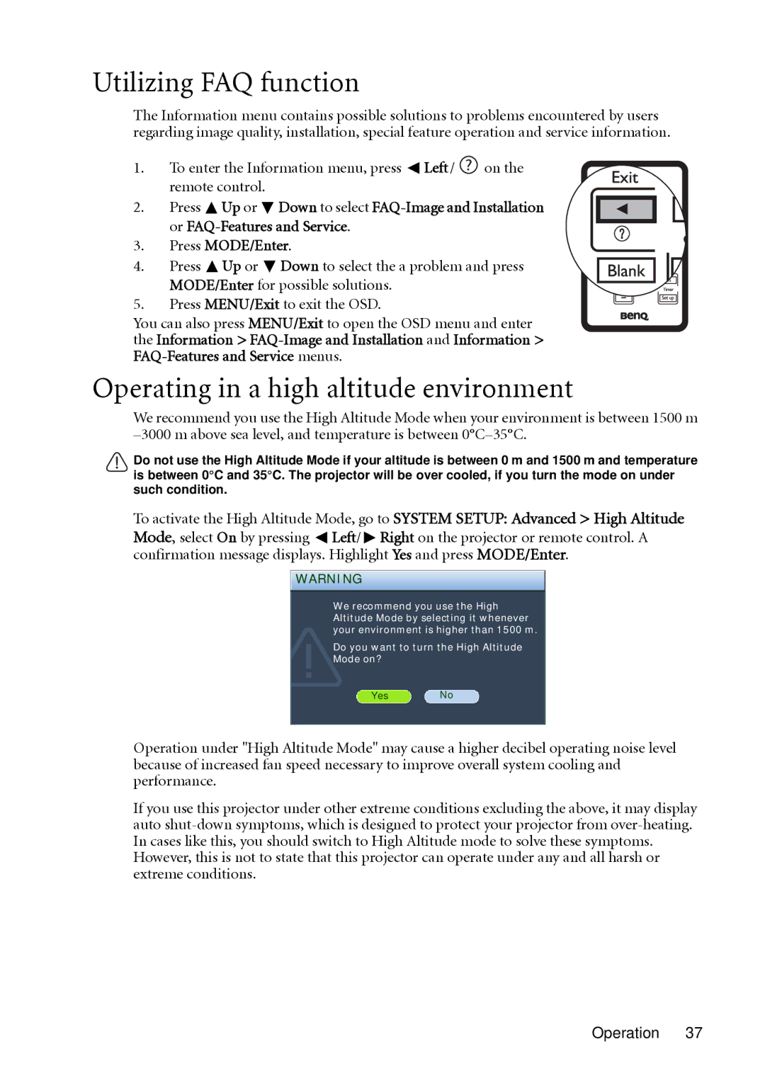 BenQ MP511 user manual Utilizing FAQ function, Operating in a high altitude environment 