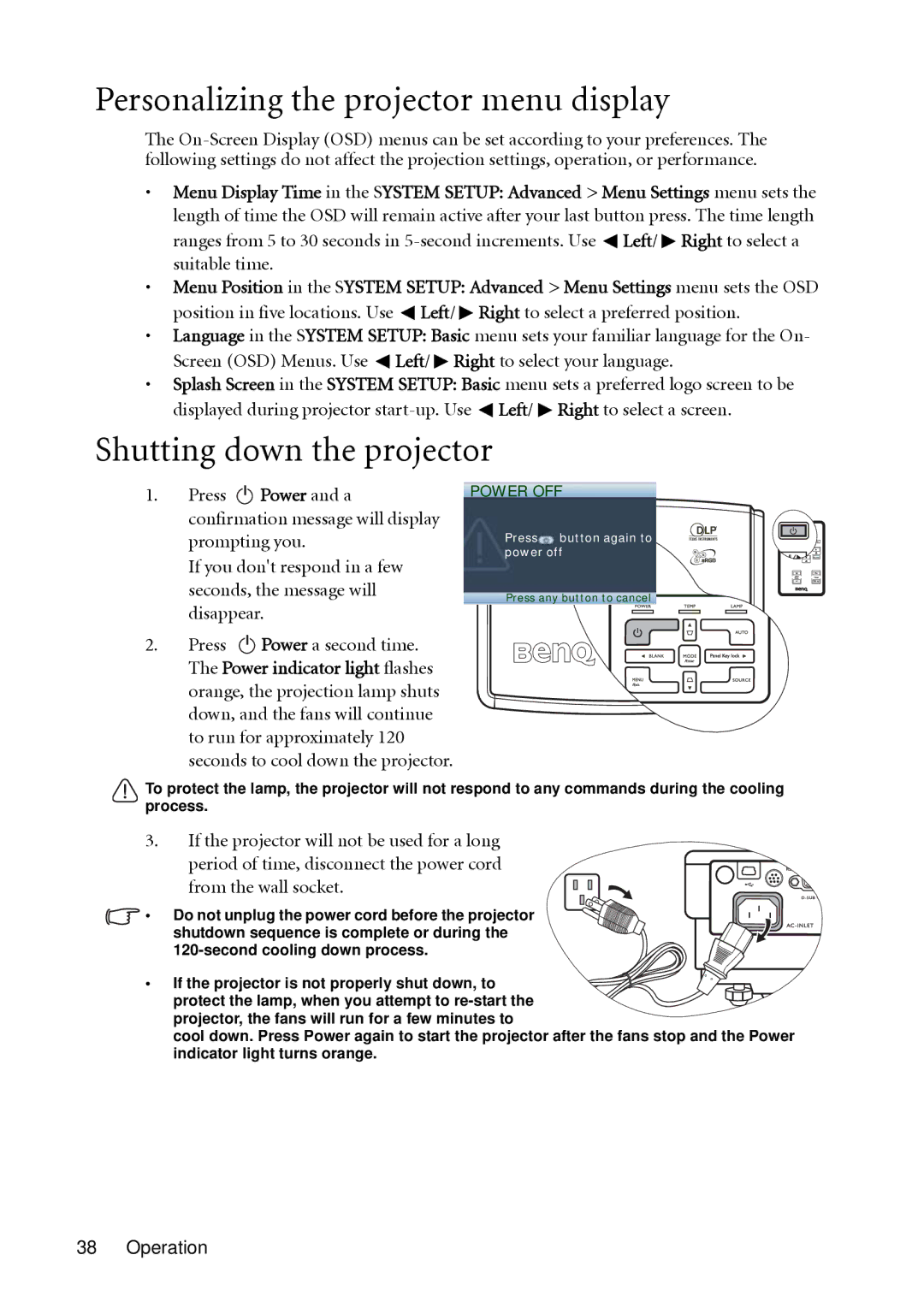 BenQ MP511 user manual Personalizing the projector menu display, Shutting down the projector 