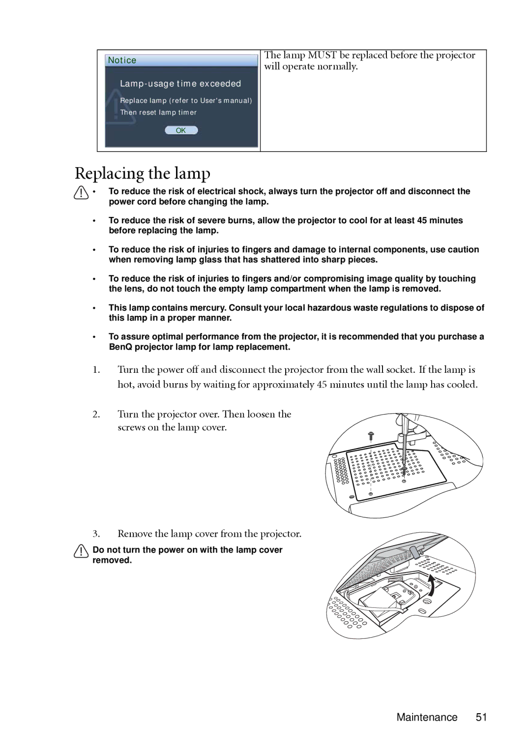 BenQ MP511 user manual Replacing the lamp 