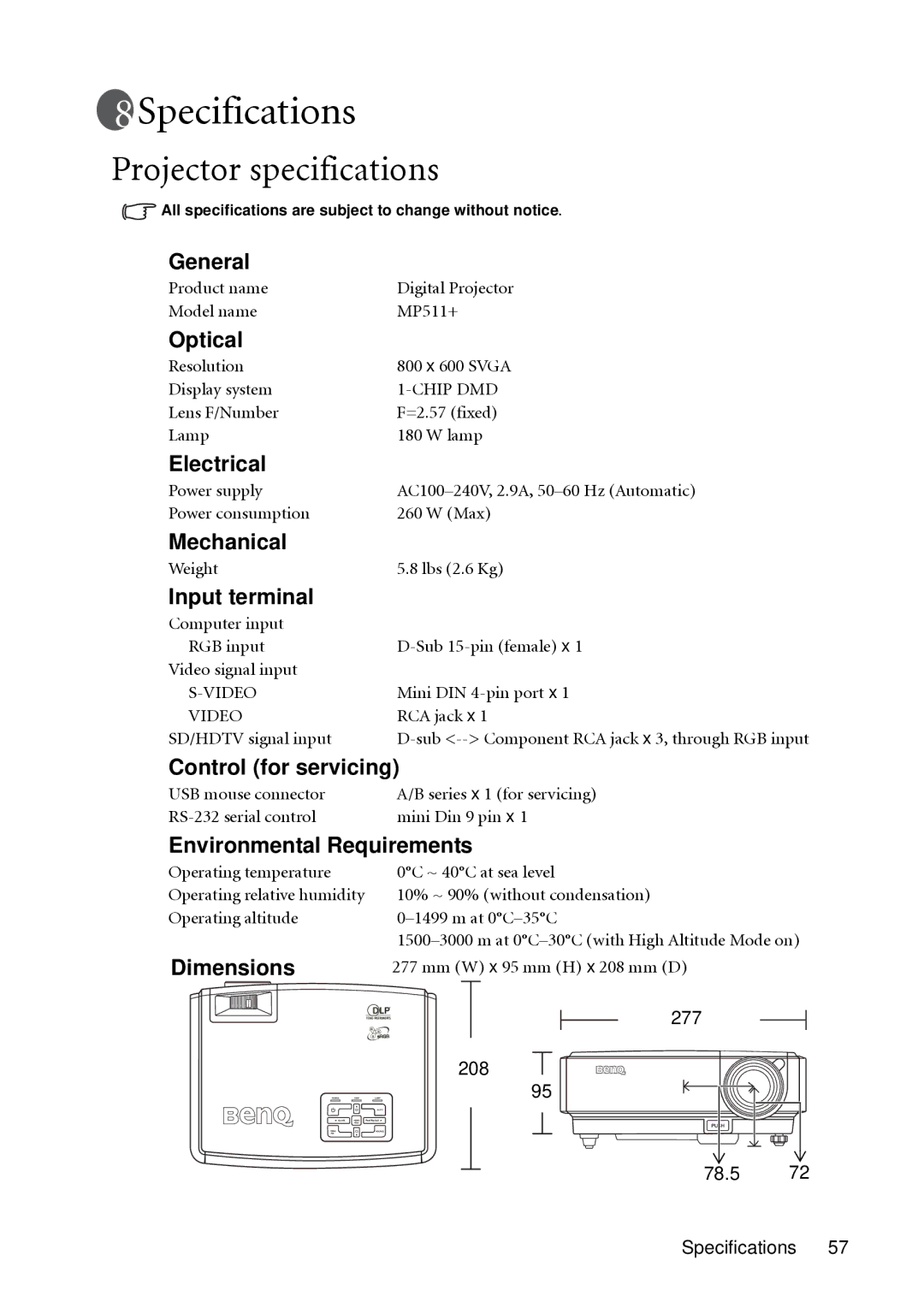 BenQ MP511 user manual Specifications, Projector specifications 