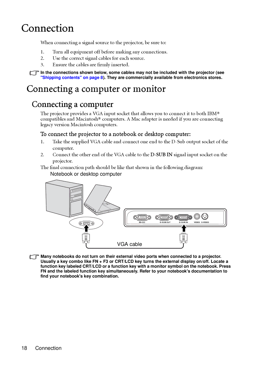 BenQ MP513, MP522 Connection, Connecting a computer or monitor, To connect the projector to a notebook or desktop computer 