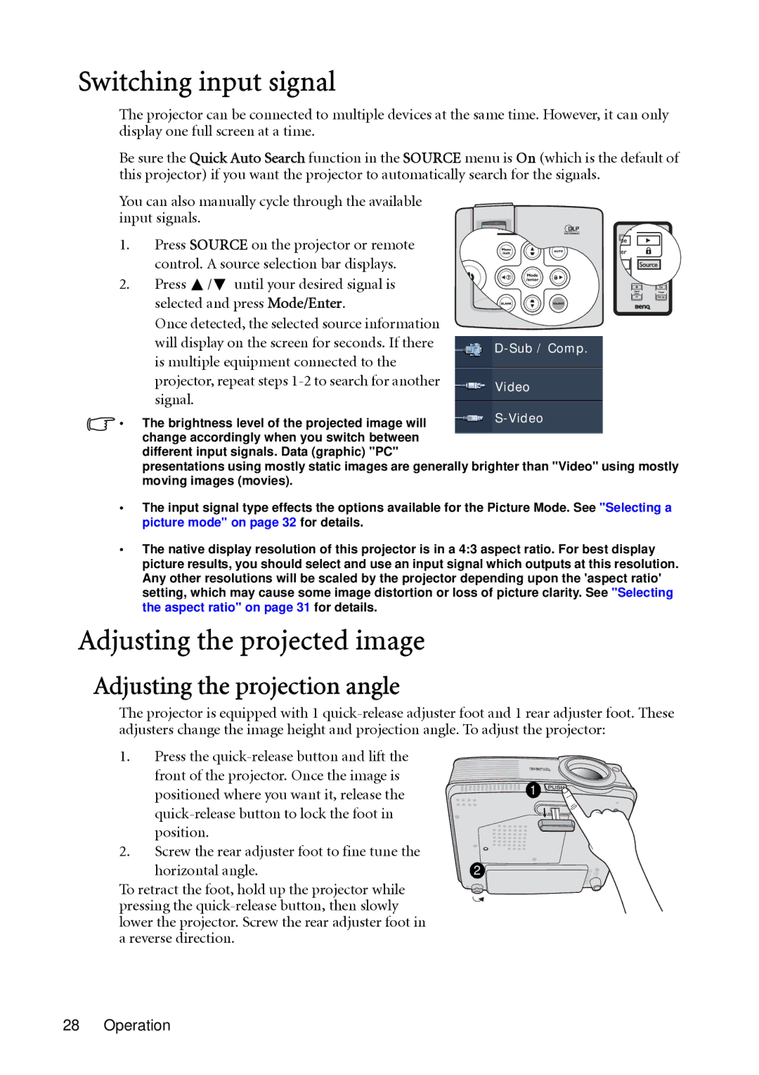 BenQ MP513, MP522 user manual Switching input signal, Adjusting the projected image, Adjusting the projection angle 