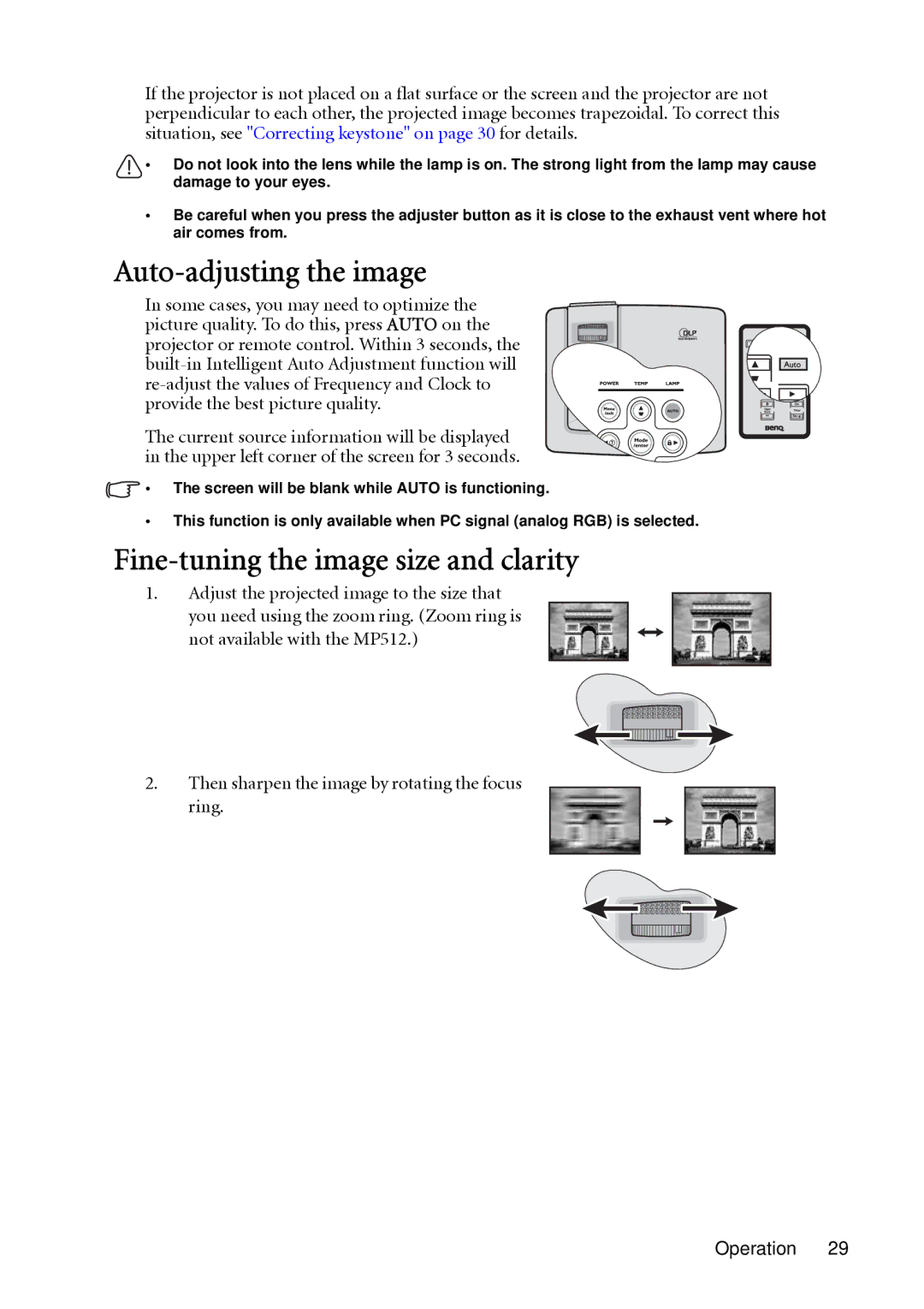 BenQ MP522, MP513 user manual Auto-adjusting the image, Fine-tuning the image size and clarity 