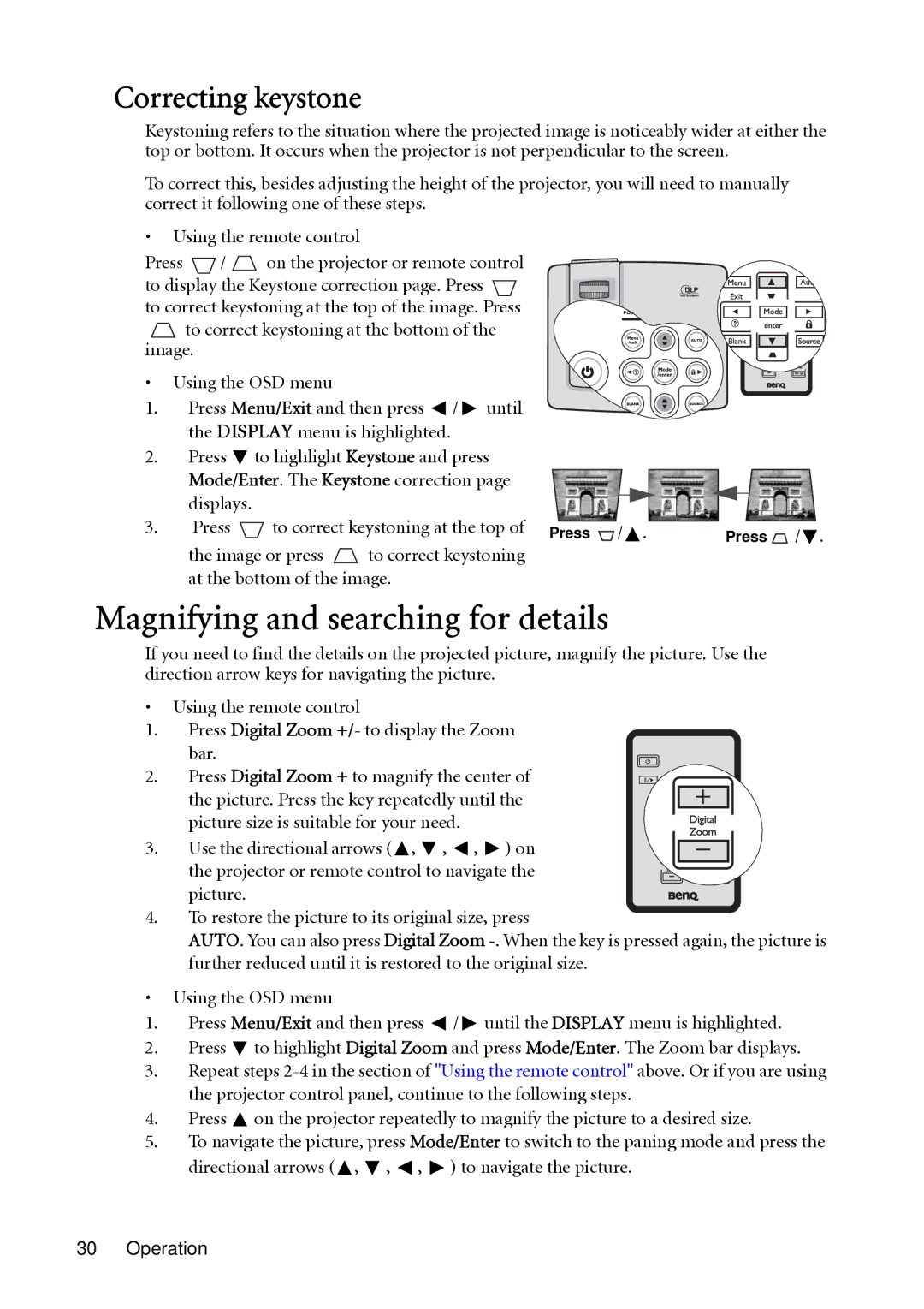 BenQ MP513, MP522 user manual Magnifying and searching for details, Correcting keystone, Displays Press, Image or press 