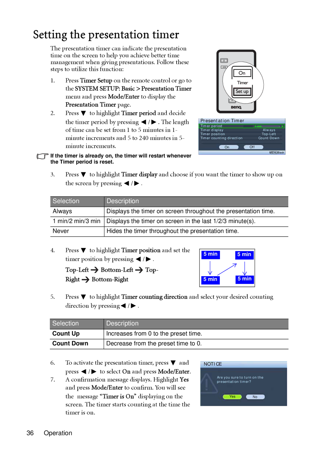 BenQ MP513, MP522 user manual Setting the presentation timer, Top-Left Bottom-Left Top- Right Bottom-Right 