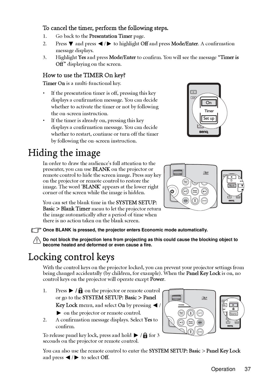 BenQ MP522, MP513 user manual Hiding the image, Locking control keys, To cancel the timer, perform the following steps 