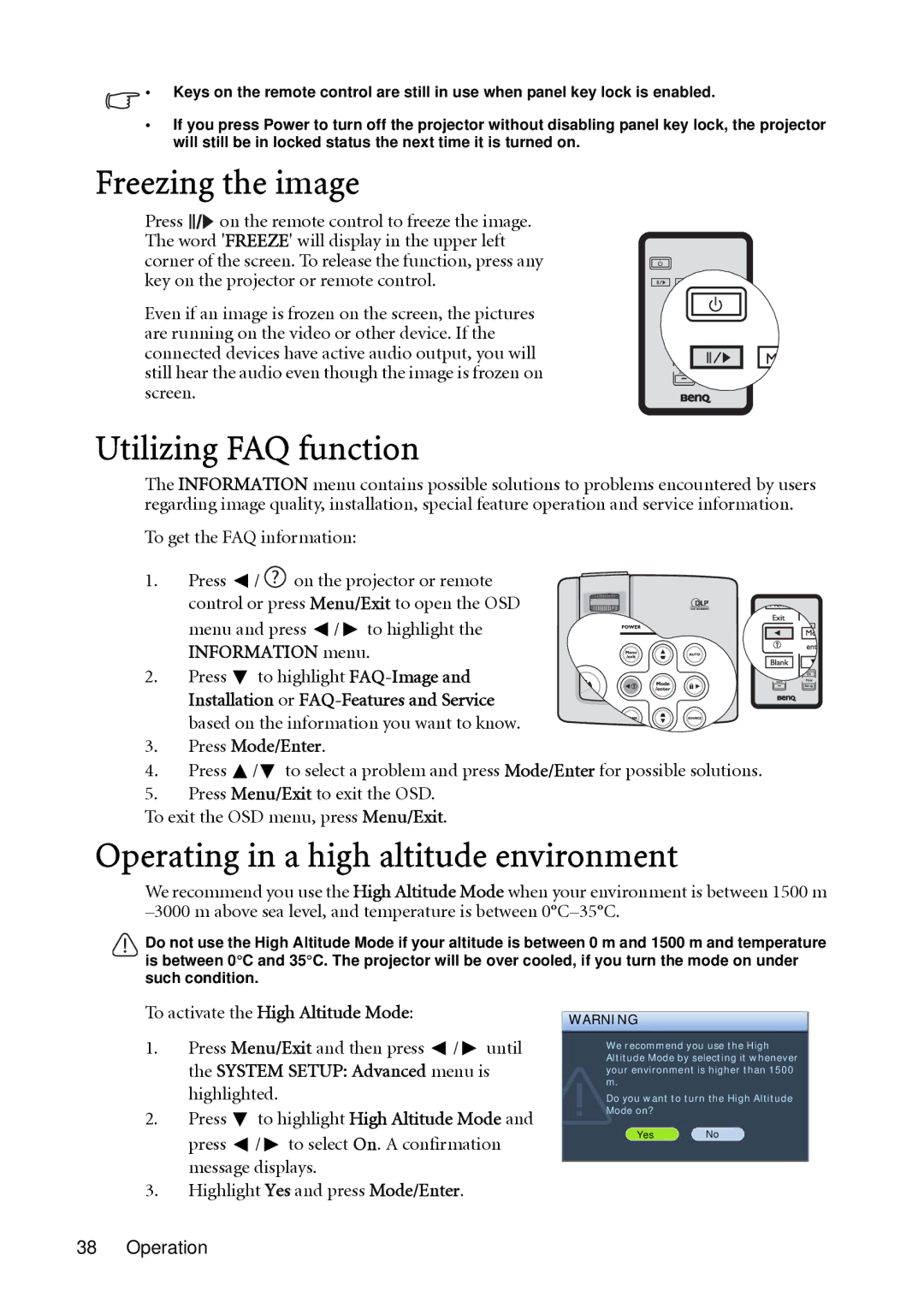 BenQ MP513, MP522 user manual Freezing the image, Utilizing FAQ function, Operating in a high altitude environment 