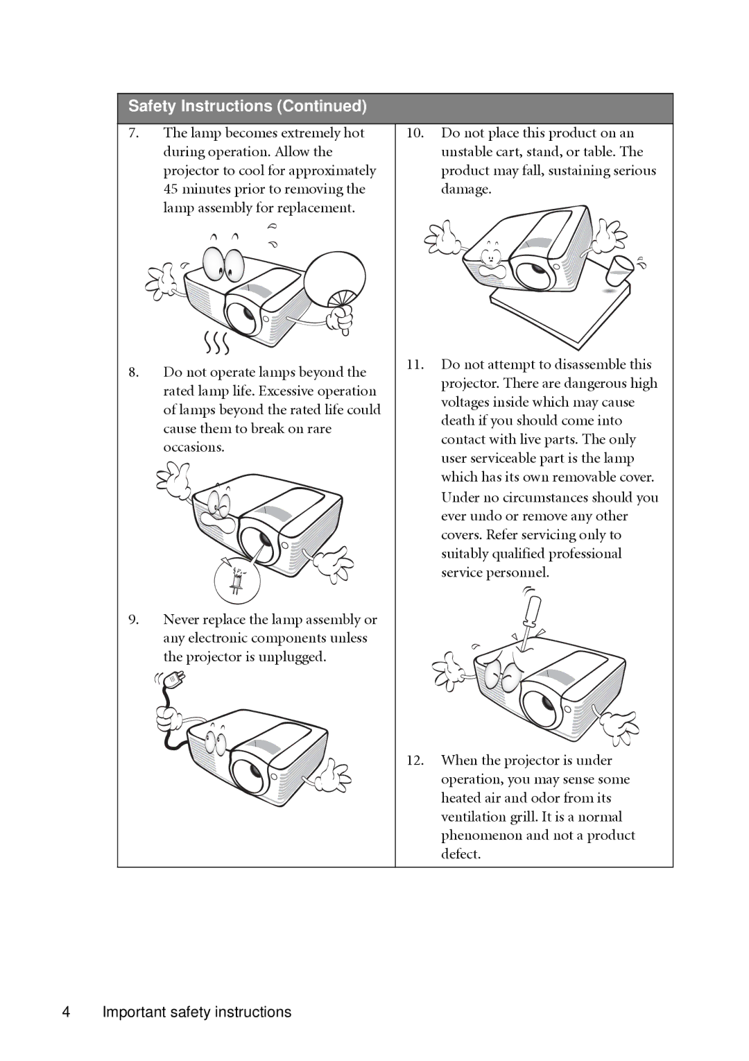 BenQ MP513, MP522 user manual Safety Instructions 