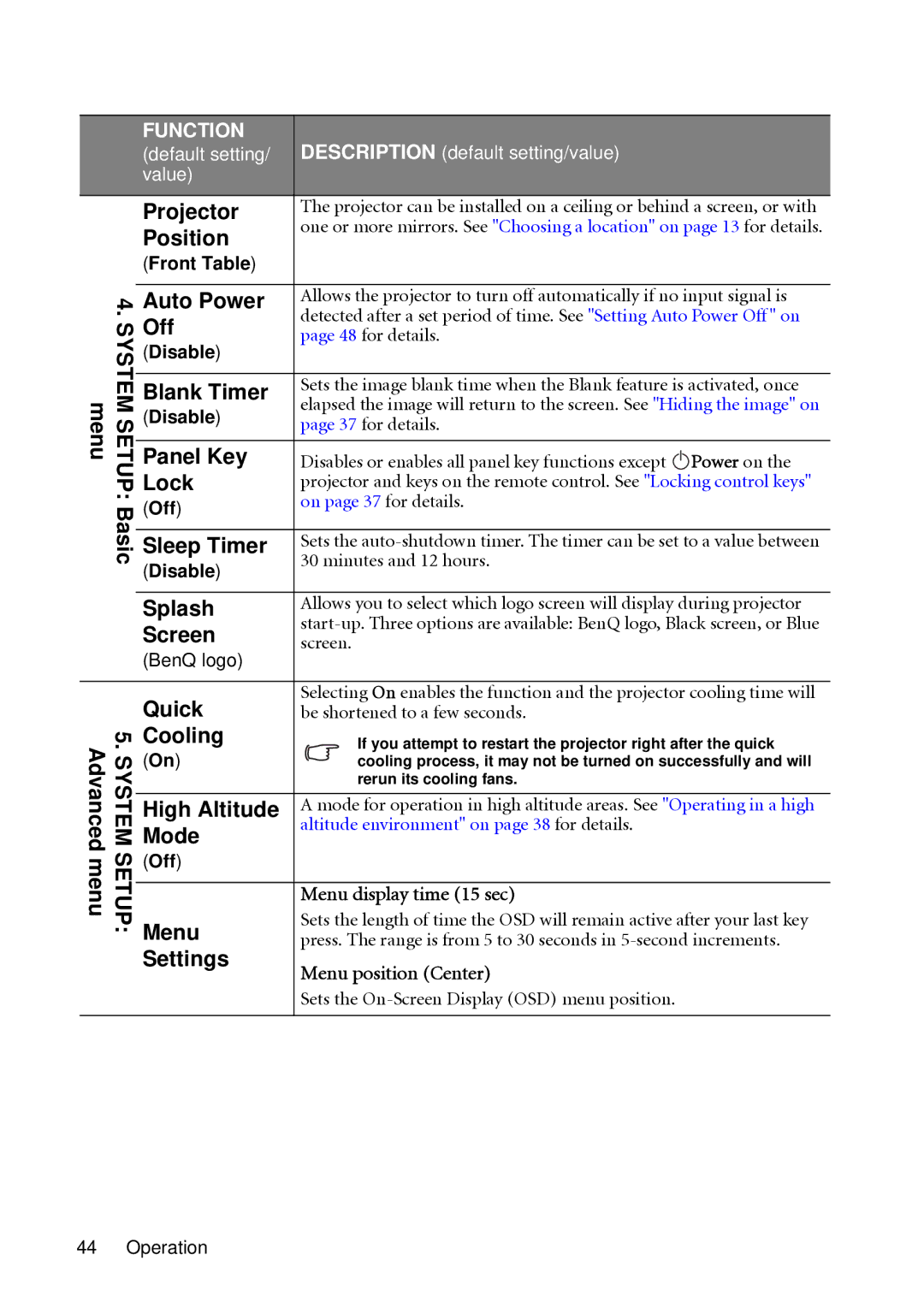 BenQ MP513 System Setup Basic menu Advanced, Menu, Projector, Auto Power, Off, Blank Timer, Panel Key, Lock, Sleep Timer 