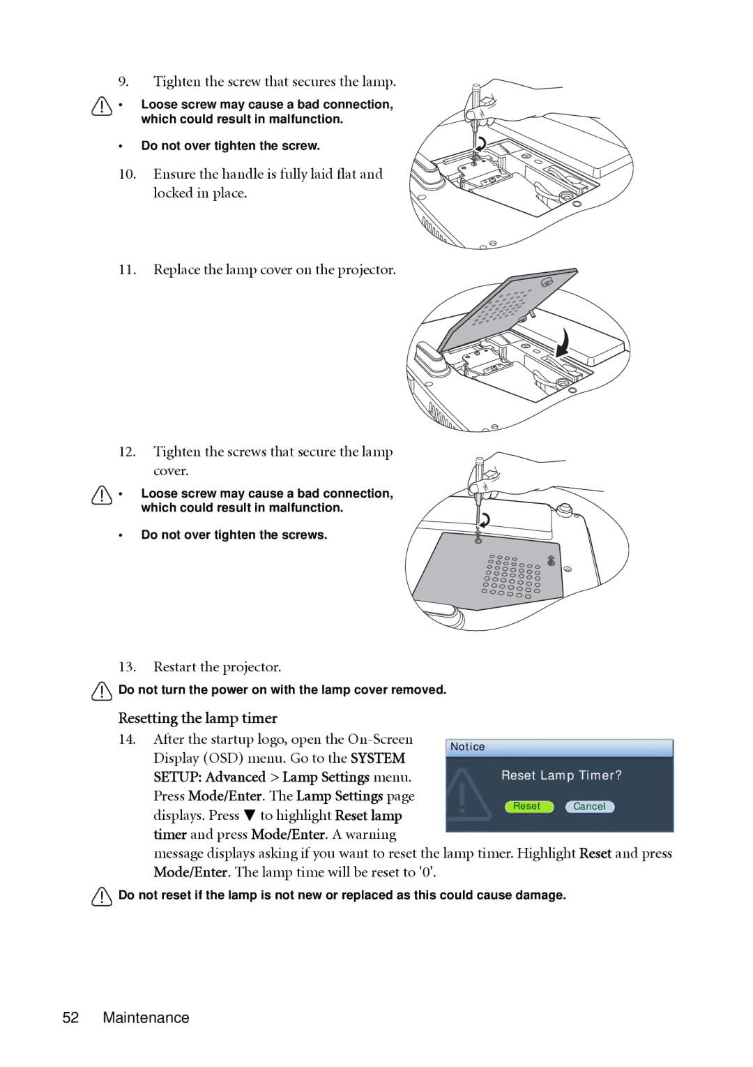 BenQ MP513, MP522 user manual Resetting the lamp timer, Tighten the screw that secures the lamp, Restart the projector 