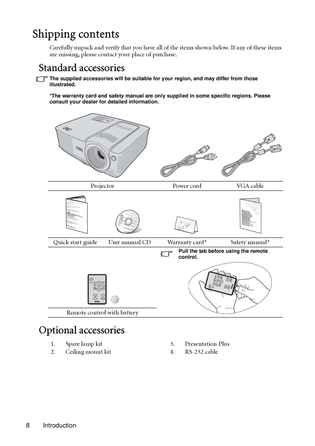 BenQ MP513, MP522 user manual Shipping contents 