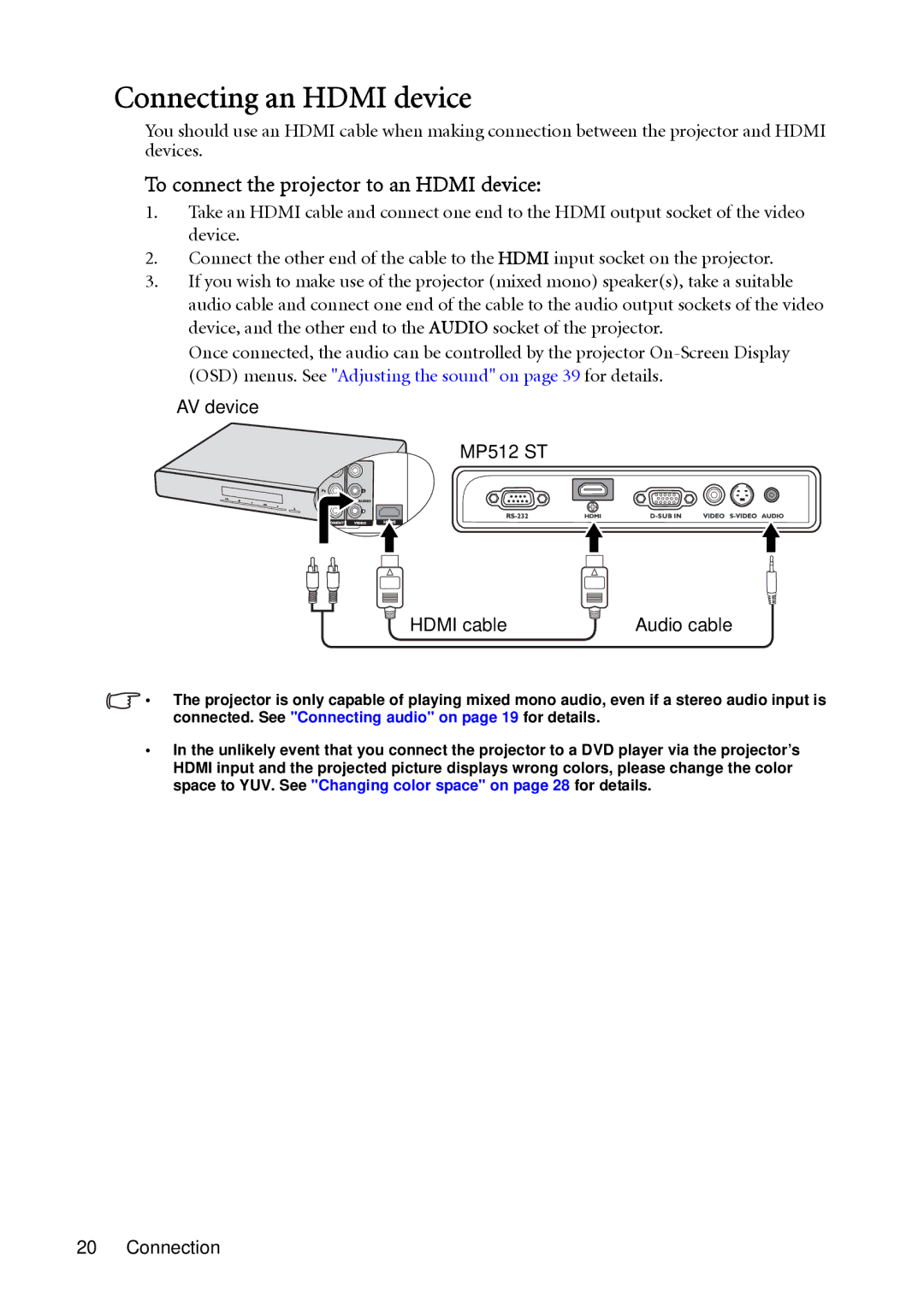 BenQ MP522 ST, MP512 ST user manual Connecting an Hdmi device, To connect the projector to an Hdmi device 