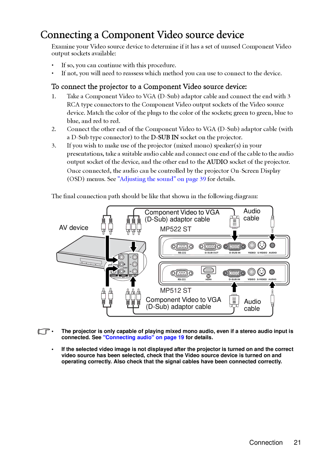 BenQ MP512 ST Connecting a Component Video source device, To connect the projector to a Component Video source device 