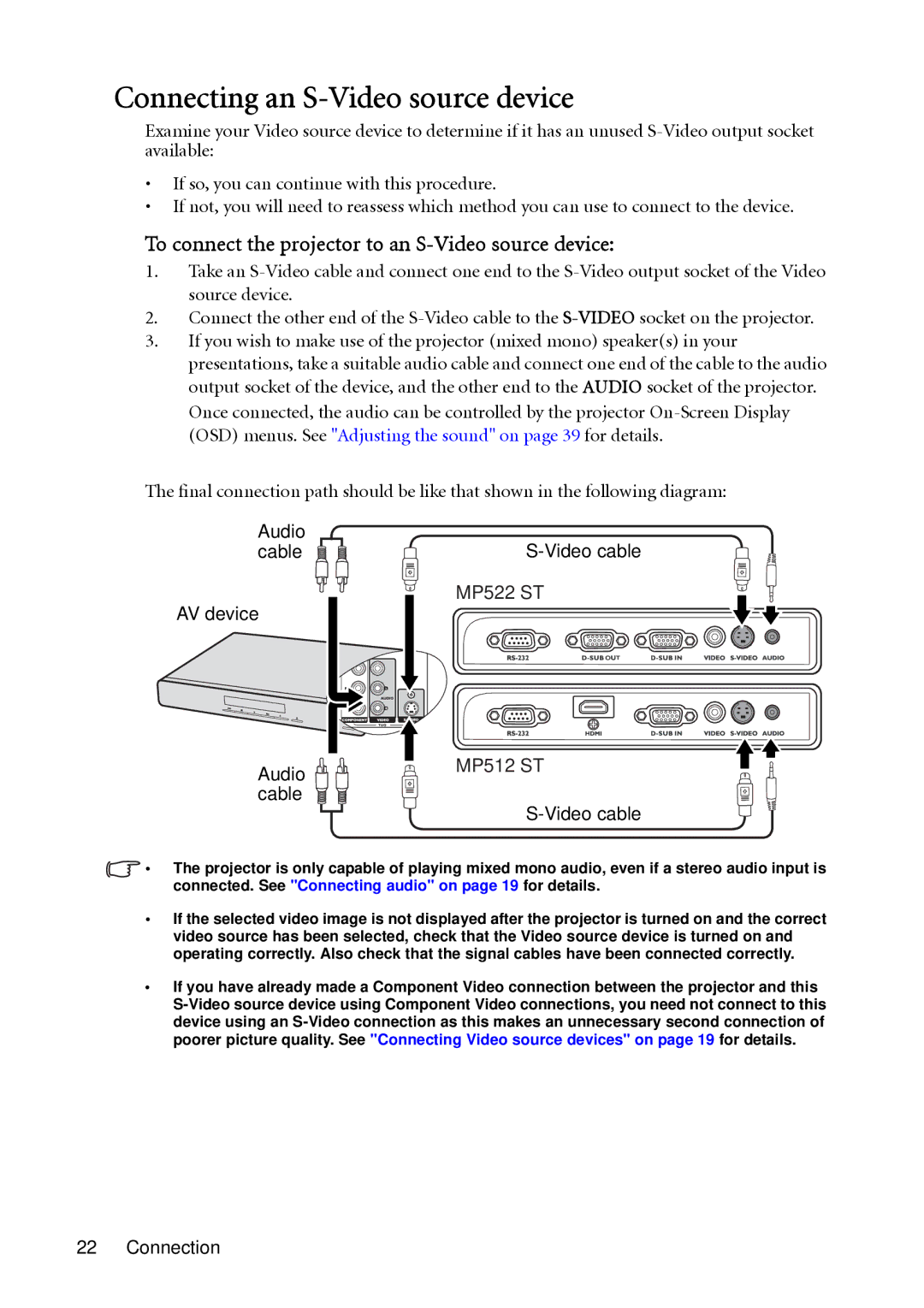 BenQ MP522 ST Connecting an S-Video source device, To connect the projector to an S-Video source device, Cable Video cable 