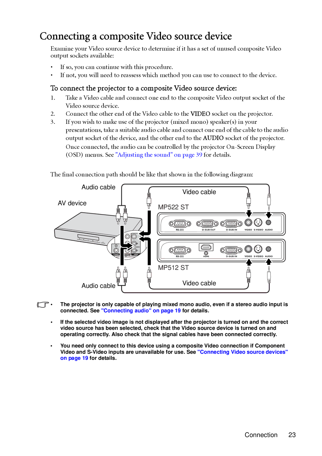 BenQ MP512 ST Connecting a composite Video source device, To connect the projector to a composite Video source device 