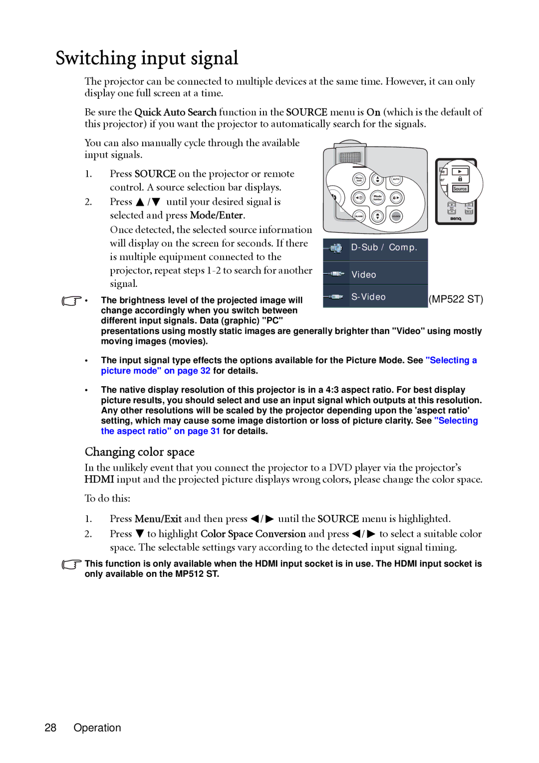 BenQ MP522 ST, MP512 ST user manual Switching input signal, Changing color space, Signal 