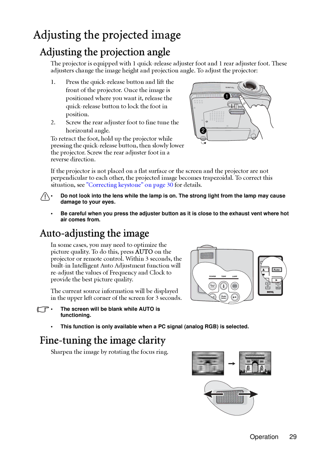 BenQ MP512 ST, MP522 ST user manual Adjusting the projected image, Adjusting the projection angle, Auto-adjusting the image 