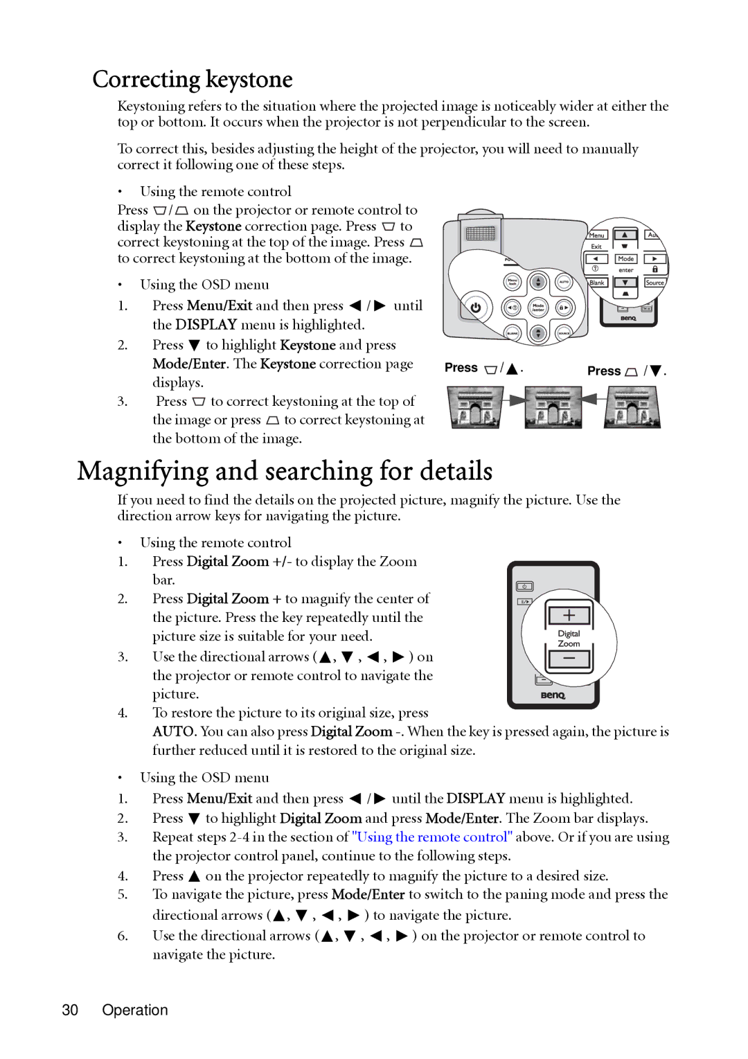 BenQ MP522 ST, MP512 ST user manual Magnifying and searching for details, Correcting keystone 