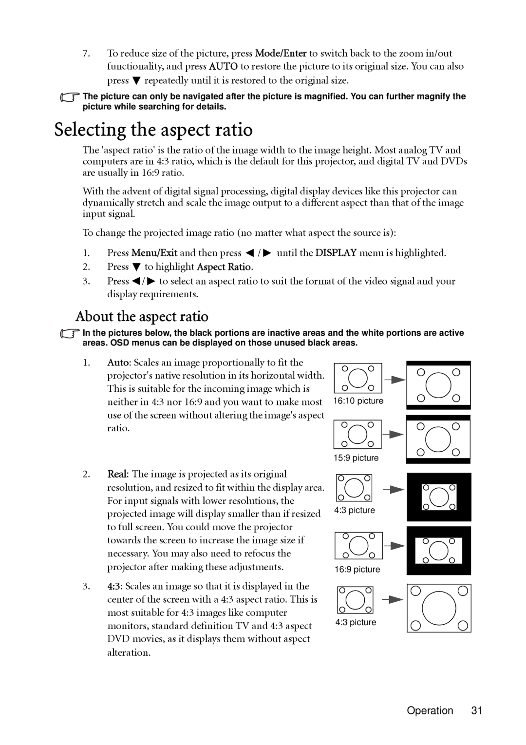 BenQ MP512 ST, MP522 ST user manual Selecting the aspect ratio, About the aspect ratio 