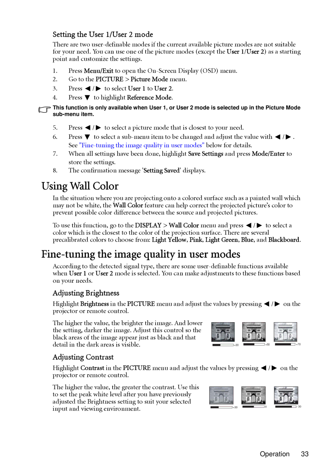 BenQ MP512 ST, MP522 ST Using Wall Color, Fine-tuning the image quality in user modes, Setting the User 1/User 2 mode 