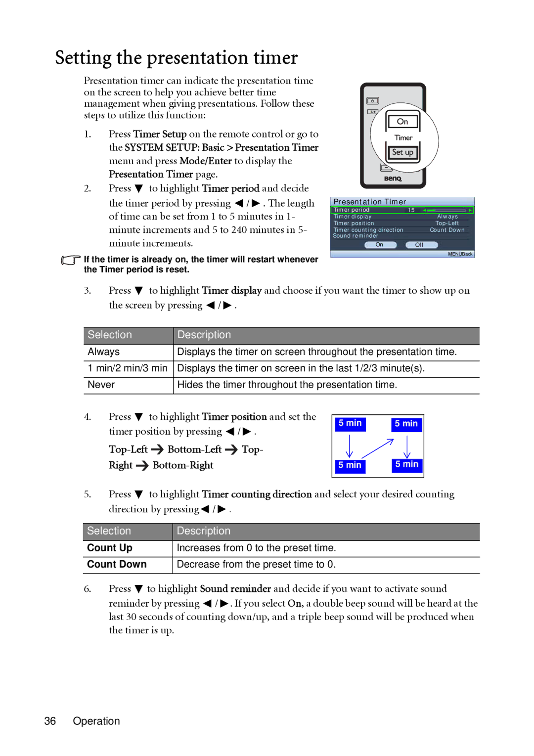 BenQ MP522 ST, MP512 ST user manual Setting the presentation timer, Top-Left Bottom-Left Top- Right Bottom-Right 