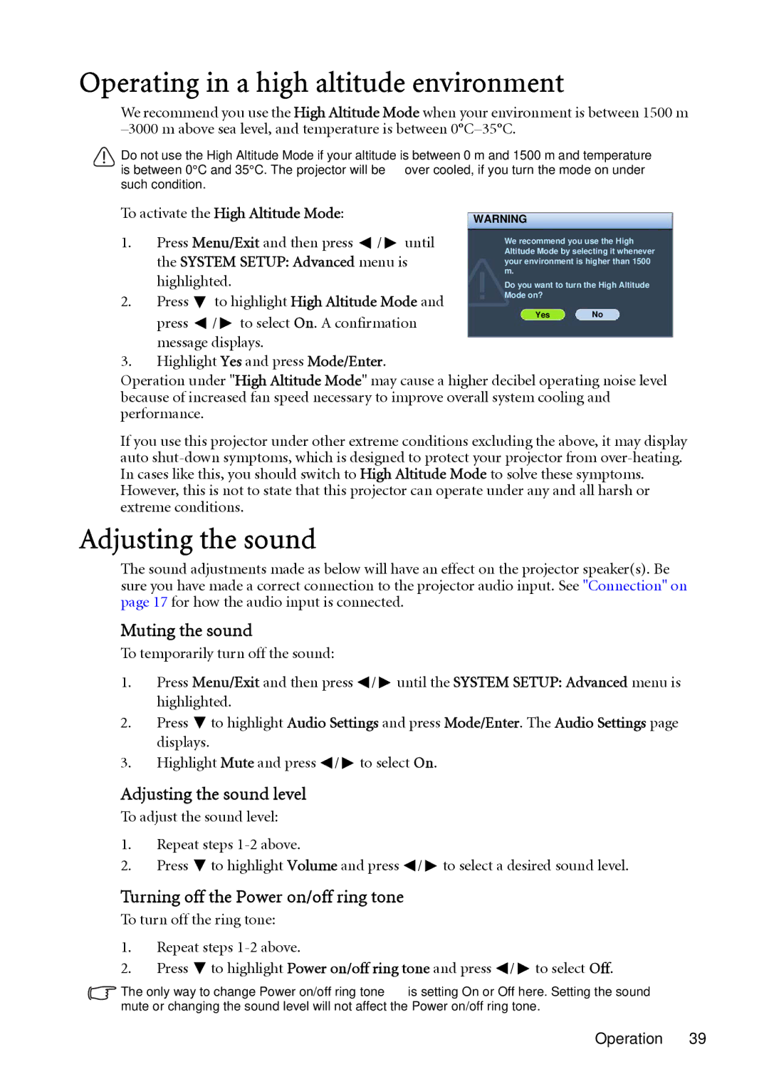 BenQ MP512 ST, MP522 ST Operating in a high altitude environment, Muting the sound, Adjusting the sound level 