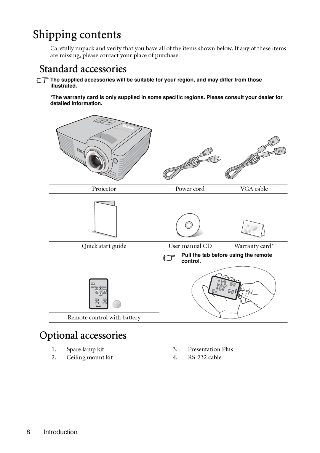 BenQ MP522 ST, MP512 ST user manual Shipping contents 