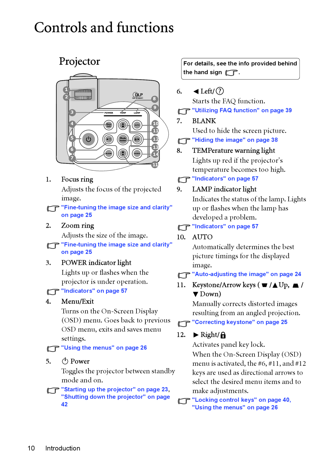 BenQ MP525 ST, MP515 ST user manual Controls and functions, Projector 