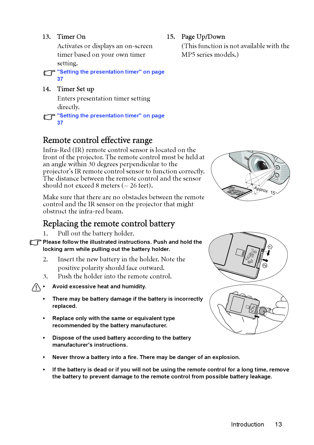 BenQ MP515 ST Remote control effective range, Replacing the remote control battery, Timer On Up/Down, Timer Set up 